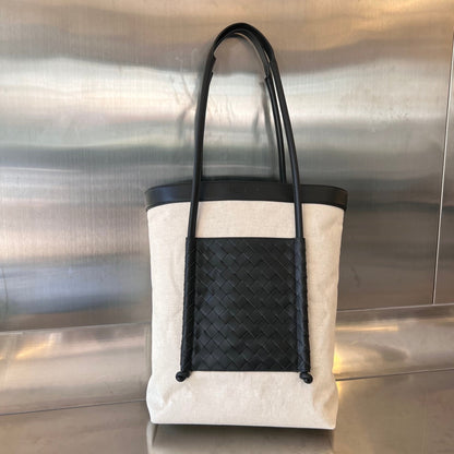 SAC CABAS PORTELLO 41 EN CUIR DE VEAU NOIR ET TOILE BLANCHE