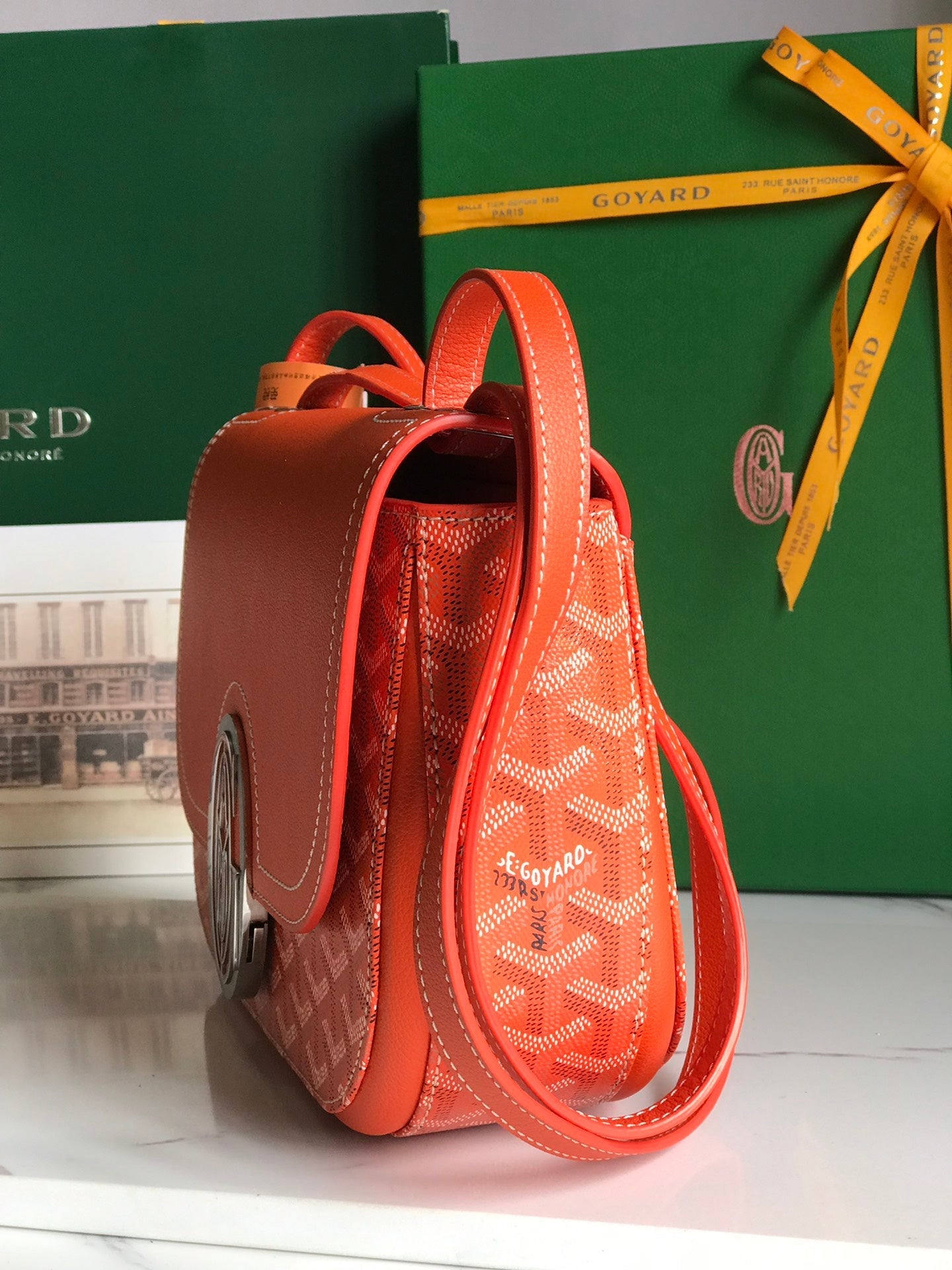 233 SAC 25 EN CUIR DE VEAU ORANGE ET TOILE GOYARDINE