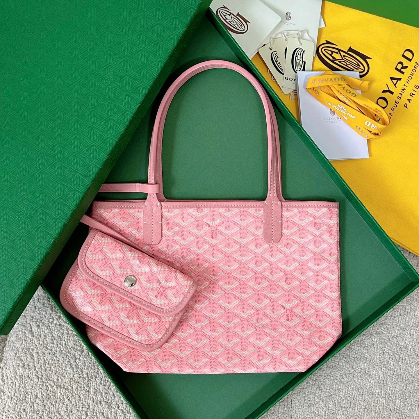 Mini sac Anjou 20 en cuir de veau rose pâle et toile Goyardine