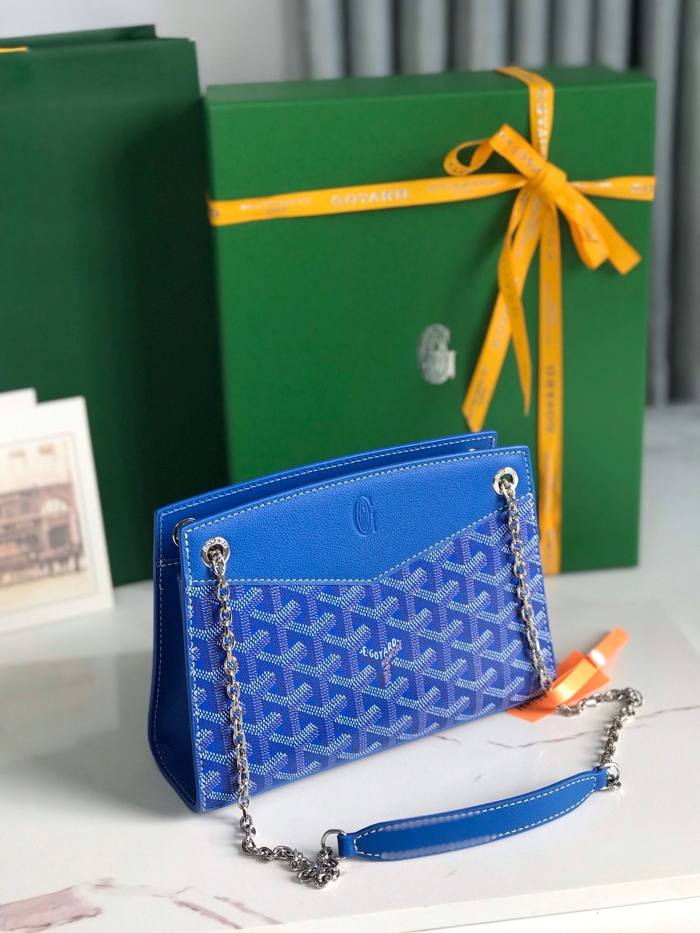 MINI SAC ROUETTE STRUCTURÉ 21 EN TOILE GOYARDINE BLEU SAPHIR ET CUIR DE VEAU