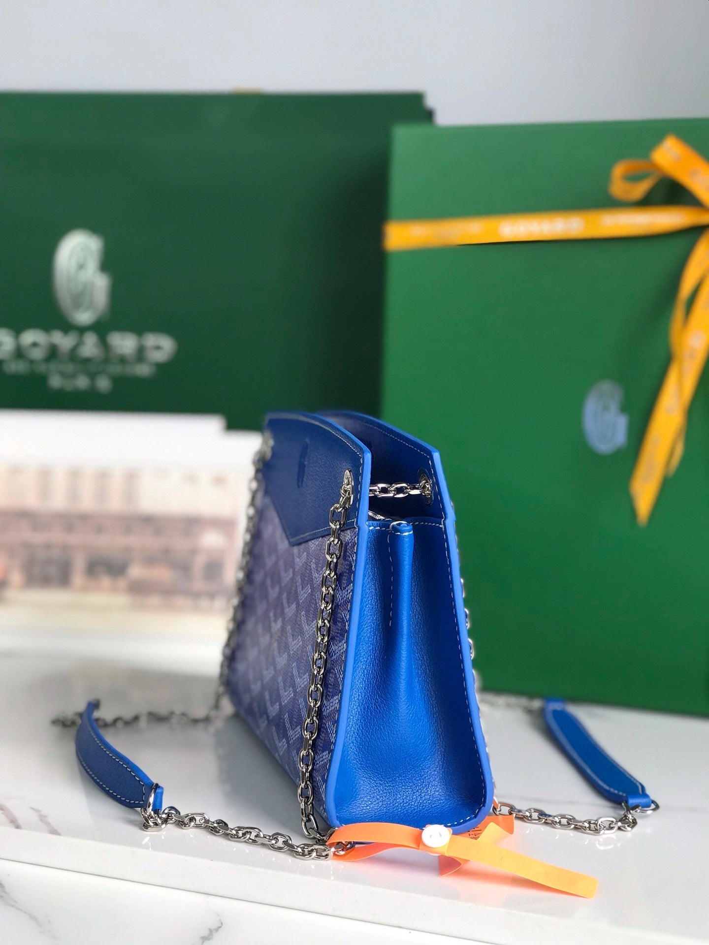 MINI SAC ROUETTE STRUCTURÉ 21 EN TOILE GOYARDINE BLEU SAPHIR ET CUIR DE VEAU