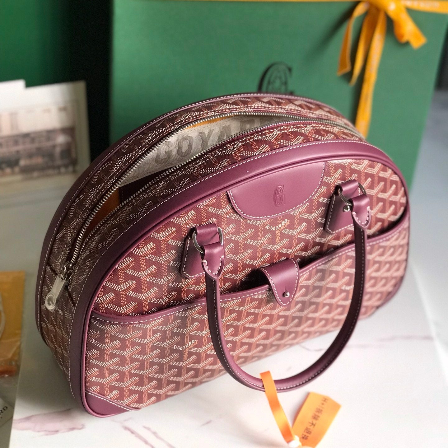 SAC SAINT JEANNE 35 EN TOILE GOYARDINE ROSE CANON ET CUIR DE VEAU