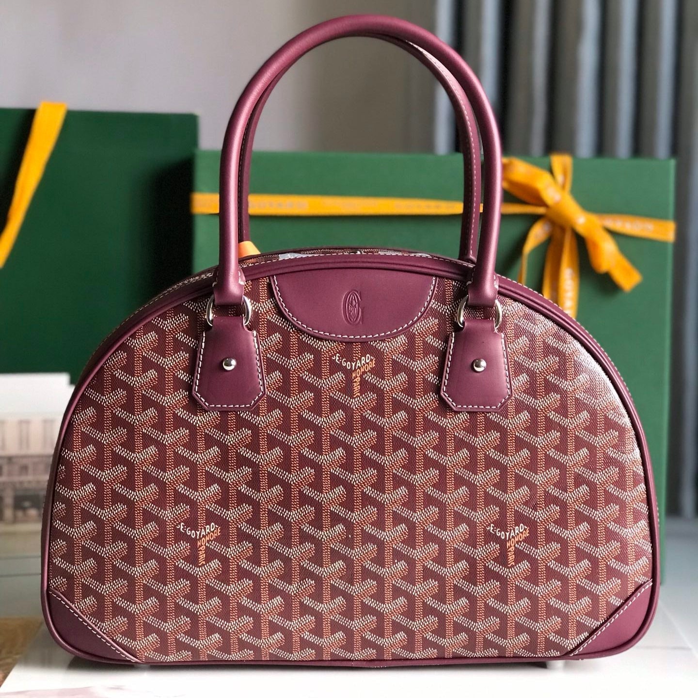 SAC SAINT JEANNE 35 EN TOILE GOYARDINE ROSE CANON ET CUIR DE VEAU