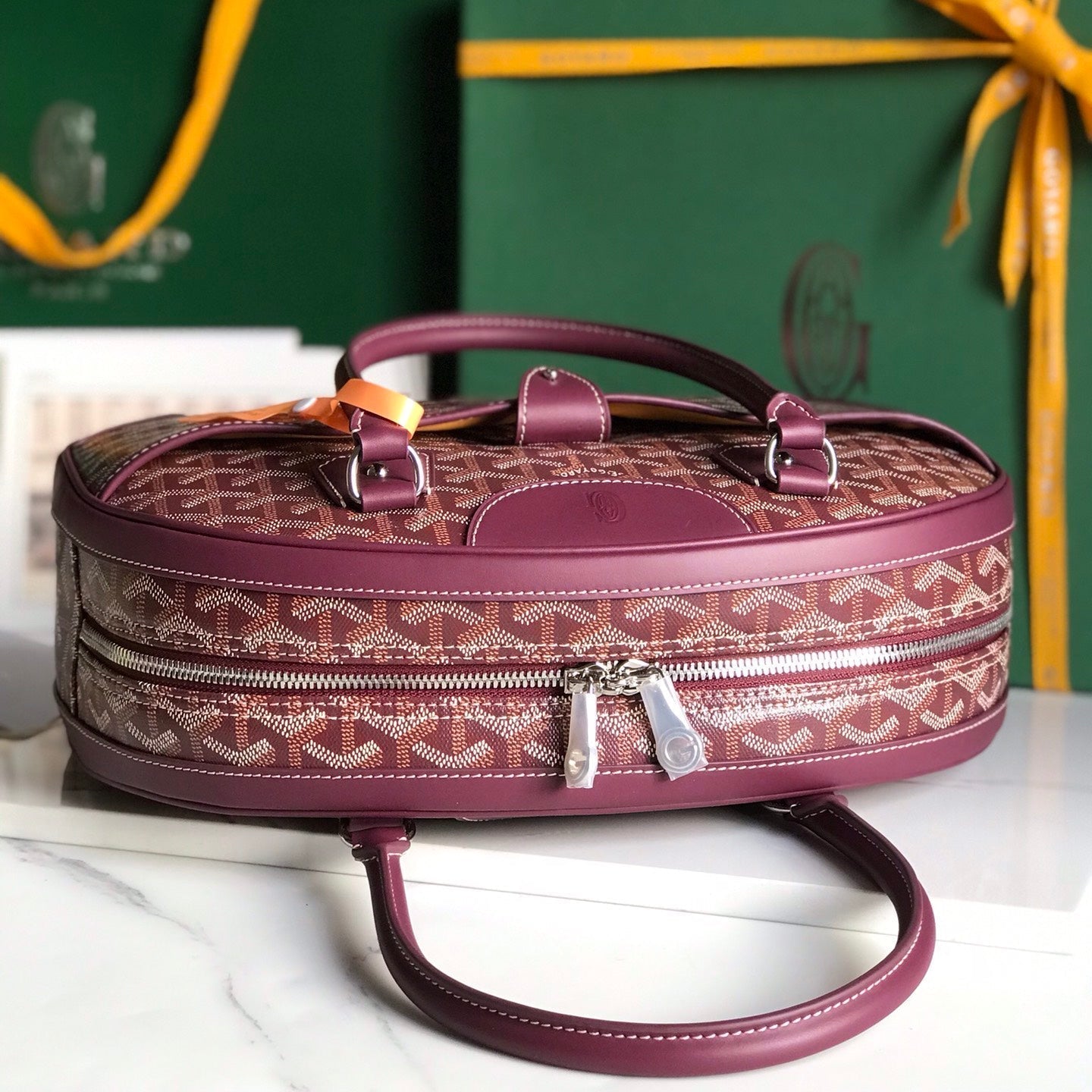 SAC SAINT JEANNE 35 EN TOILE GOYARDINE ROSE CANON ET CUIR DE VEAU