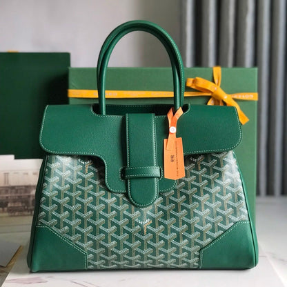 SAC SAIGON SOUPLE 34 EN TOILE GOYARDINE VERTE ET CUIR DE VEAU