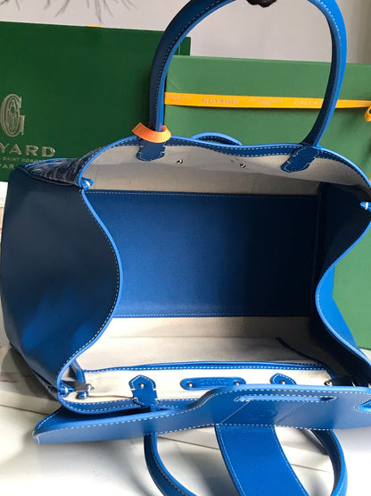 SAC SAIGON SOUPLE 34 EN TOILE GOYARDINE BLEU CUIR ET CUIR DE VEAU