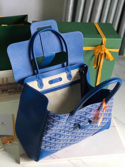 SAC SAIGON SOUPLE 34 EN TOILE GOYARDINE BLEU CUIR ET CUIR DE VEAU