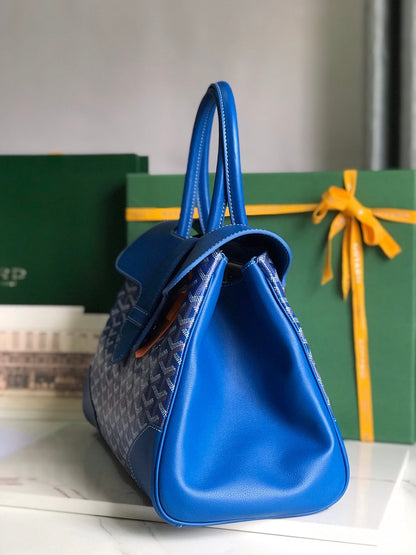 SAC SAIGON SOUPLE 34 EN TOILE GOYARDINE BLEU CUIR ET CUIR DE VEAU