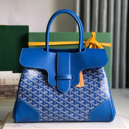 SAC SAIGON SOUPLE 34 EN TOILE GOYARDINE BLEU CUIR ET CUIR DE VEAU