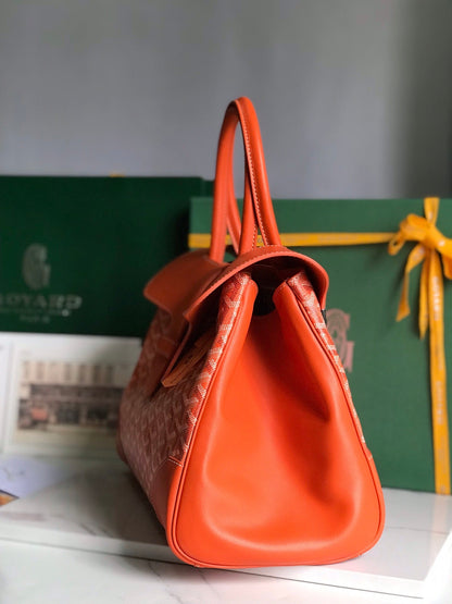 SAC SAIGON SOUPLE 34 EN TOILE GOYARDINE ROUGE ORANGE ET CUIR DE VEAU