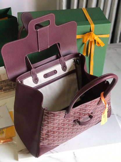 SAC SAIGON SOUPLE 34 EN TOILE GOYARDINE ROUGE BORDEAUX ET CUIR DE VEAU