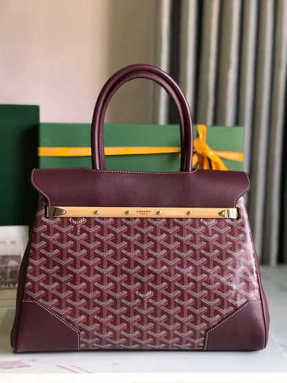 SAC SAIGON SOUPLE 34 EN TOILE GOYARDINE ROUGE BORDEAUX ET CUIR DE VEAU