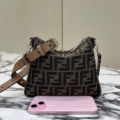 SAC À BANDOULIÈRE 19 AVEC MOTIF FF EN TISSU JACQUARD MARRON
