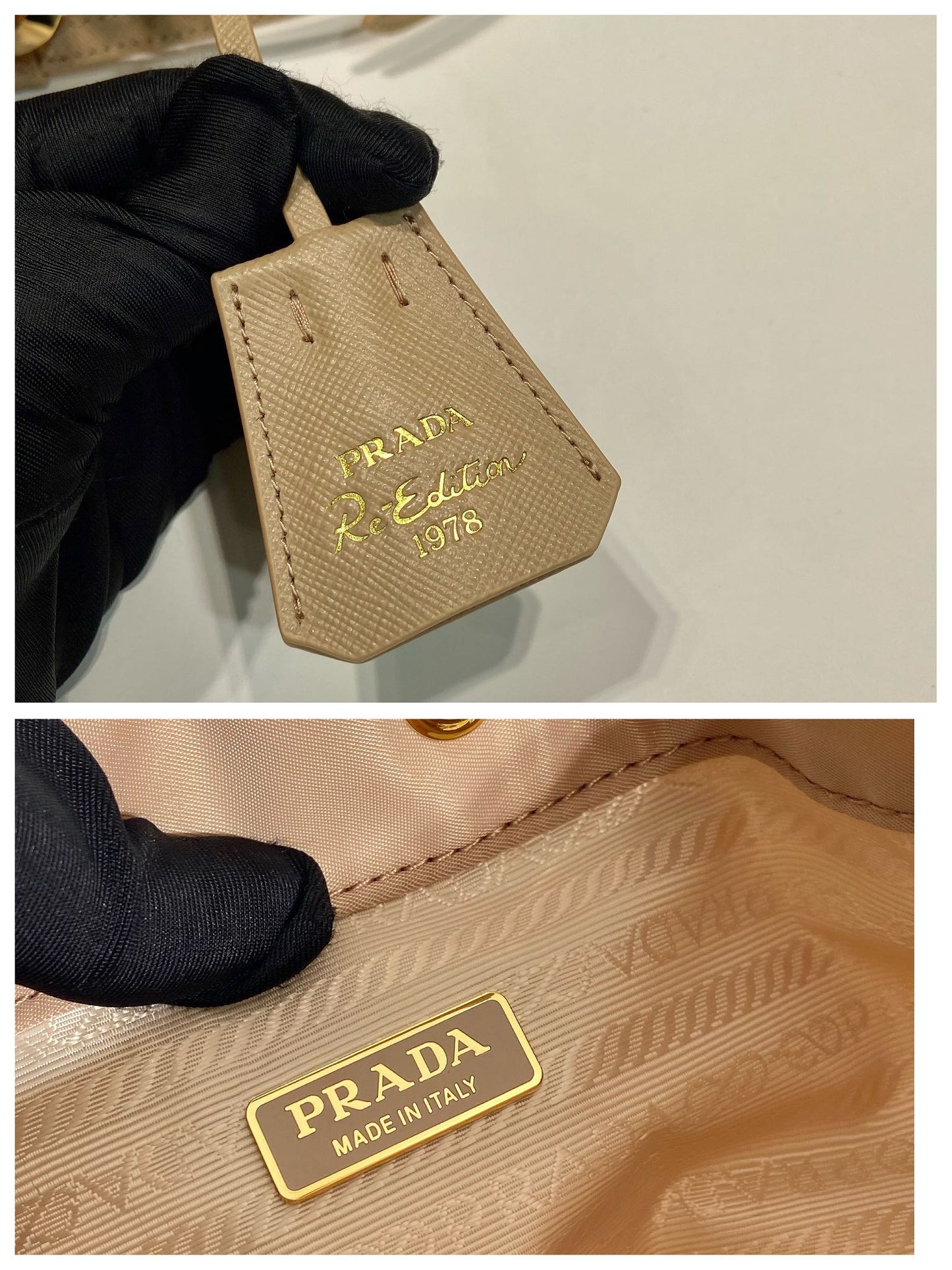 SAC SEAU 19 EN RE-NYLON BEIGE ET POIGNÉE EN CUIR SAFFIANO
