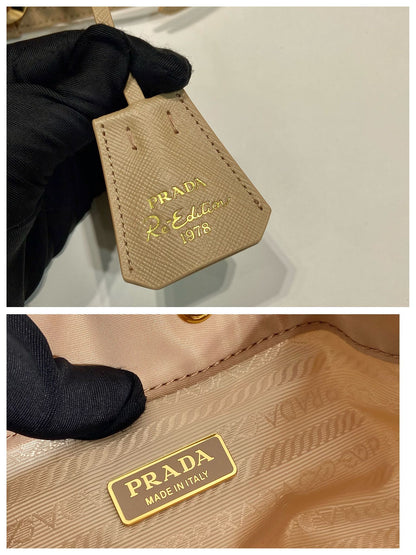 SAC SEAU 19 EN RE-NYLON BEIGE ET POIGNÉE EN CUIR SAFFIANO