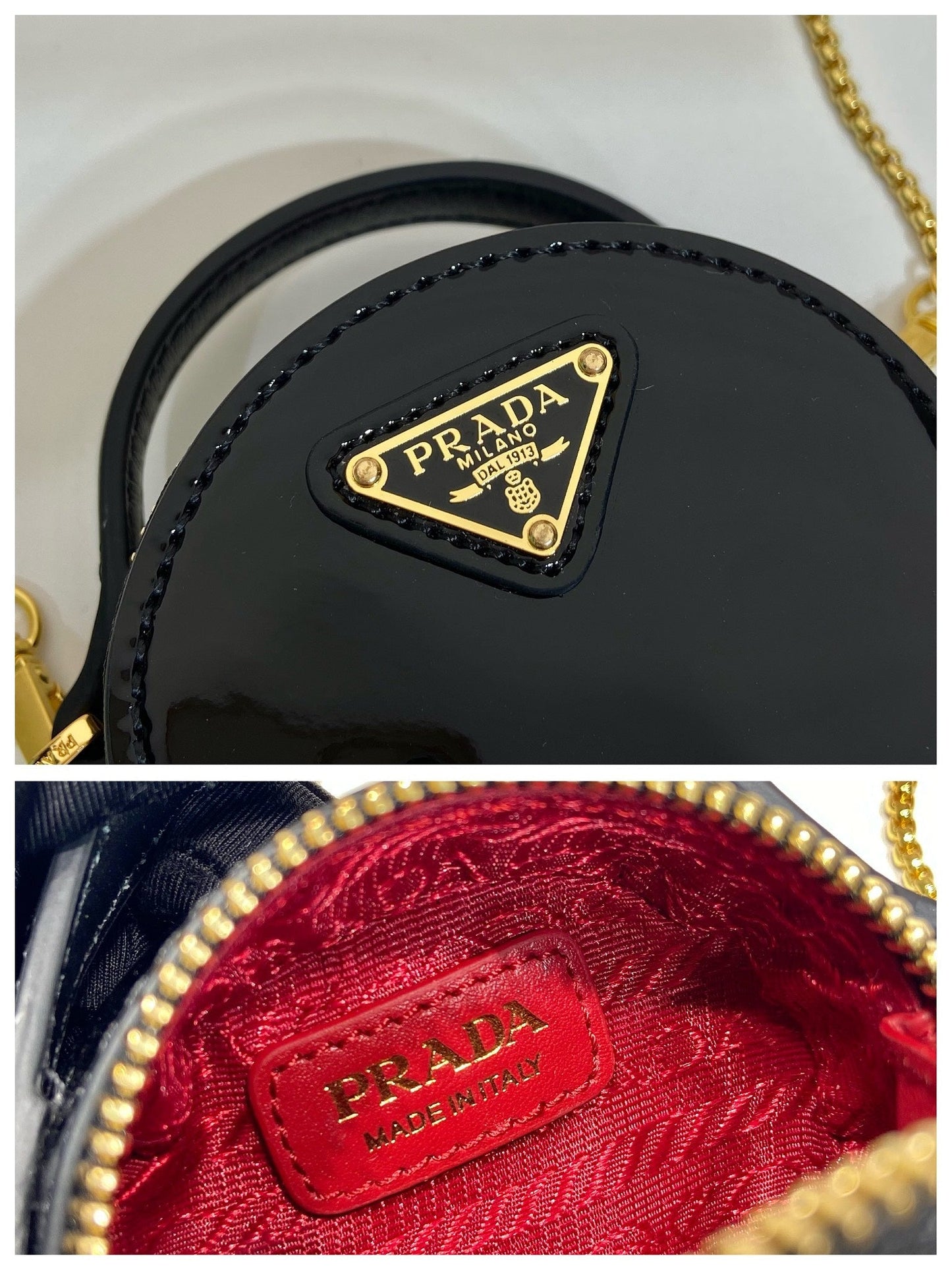 MINI ROUND BAG 8 IN BLACK GLOSSY CALFSKIN GOLD HARDWARE