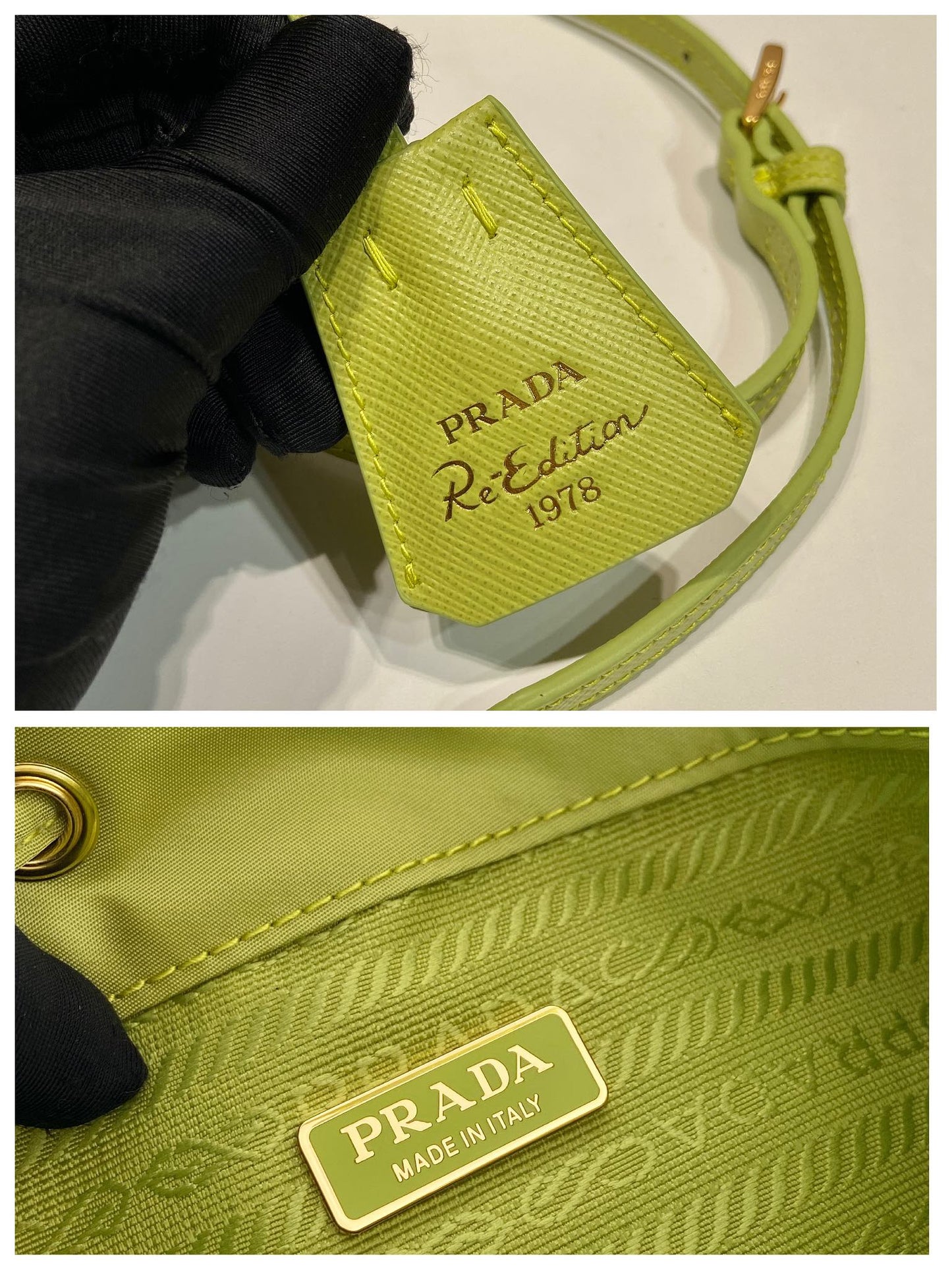 SAC SEAU 19 EN RE-NYLON VERT POMME ET POIGNÉE EN CUIR SAFFIANO