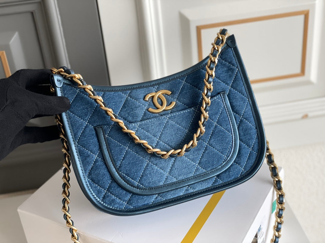 cc 24s 20cm ホーボーバッグ ブルーデニム ゴールド金具