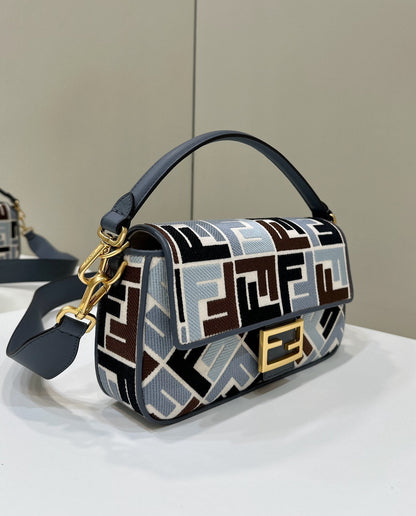 BAGUETTE CANVAS 27 BAG BLACK STRAP WITH MULTICOLOUR EMBROIDERY GOLD HARDWARE