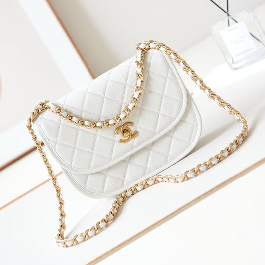Sac messager 24s 23 cm en cuir de veau blanc avec finitions dorées