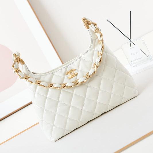Sac hobo 24a 32 cm en cuir de veau blanc avec finitions dorées
