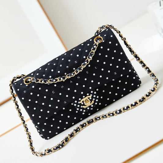 Sac à rabat moyen 24p 25cm toile noire à pois blancs