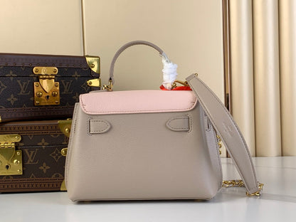 LOCKME EVER MINI 23 EN CUIR DE VEAU MÉLANGÉ MARRON KAKI ROSE CLAIR, QUINCAILLERIE DORÉ