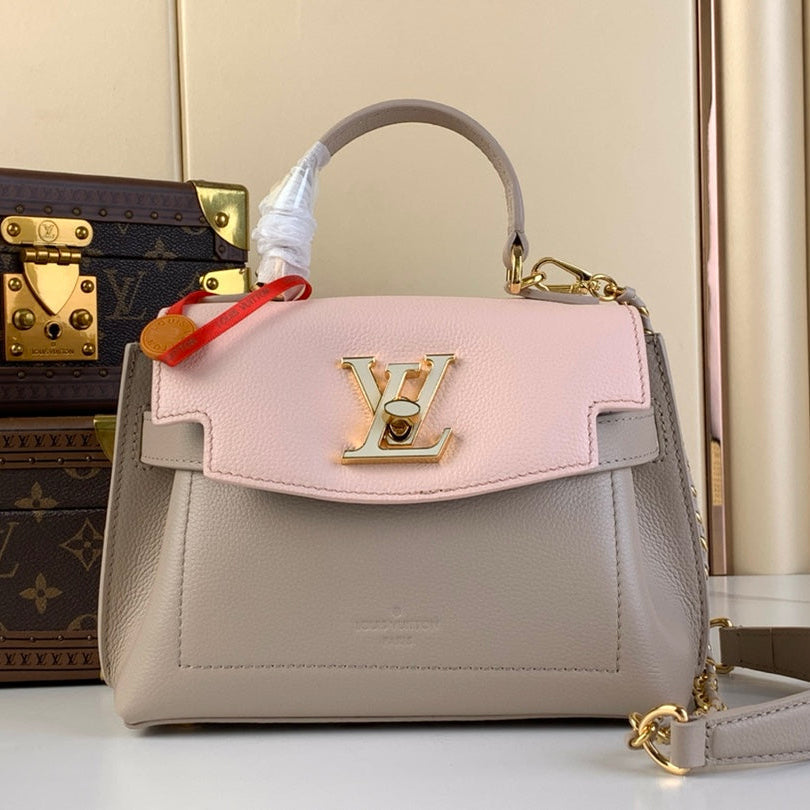 LOCKME EVER MINI 23 EN CUIR DE VEAU MÉLANGÉ MARRON KAKI ROSE CLAIR, QUINCAILLERIE DORÉ