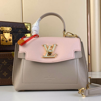 LOCKME EVER MINI 23 EN CUIR DE VEAU MÉLANGÉ MARRON KAKI ROSE CLAIR, QUINCAILLERIE DORÉ