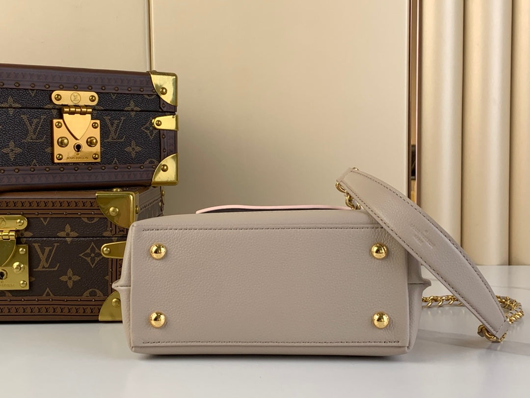 LOCKME EVER MINI 23 EN CUIR DE VEAU MÉLANGÉ MARRON KAKI ROSE CLAIR, QUINCAILLERIE DORÉ