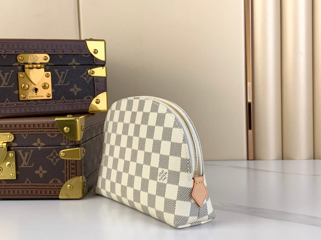 TROUSSE À COSMÉTIQUES 22 EN TOILE DAMIER AZUR BLANC GRIS