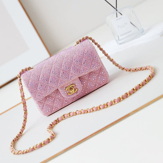 24b mini sac à rabat 20 cm en cuir d'agneau rose argent violet diamant