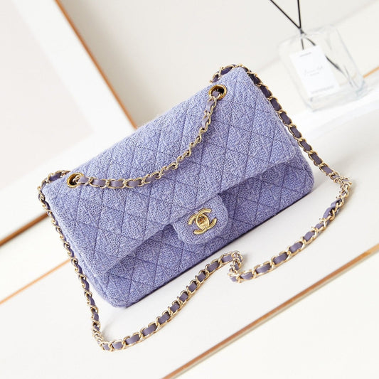 Sac à rabat moyen 24p 25cm tweed bleu violet matériel doré