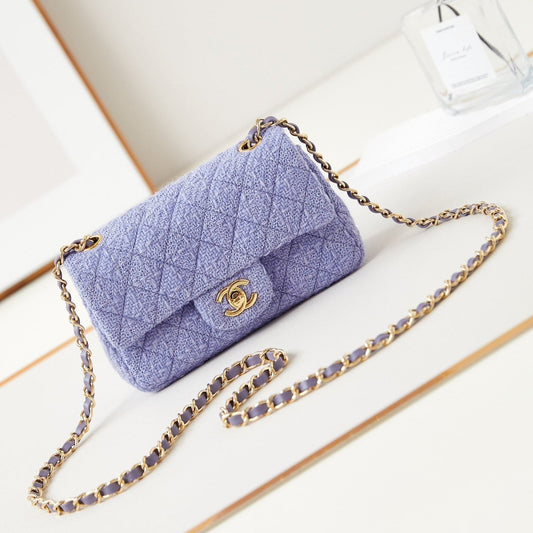 Petit sac à rabat 24p 20cm tweed bleu violet matériel doré