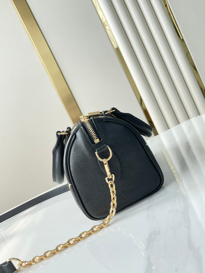 SAC BANDOULIÈRE SPEEDY 20 EN CUIR EMPREINTE MONOGRAMME NOIR CRÈME QUINCAILLERIE DORÉ