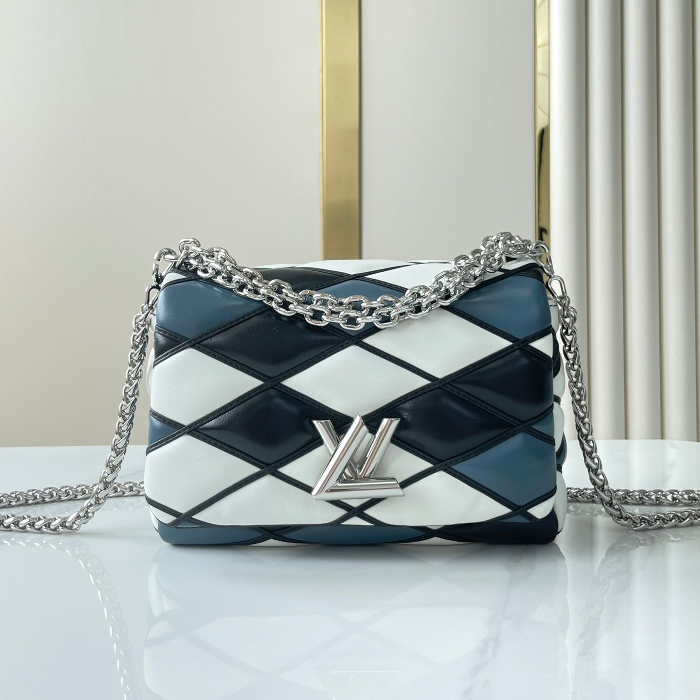 GO-14 MM 23 PO BLANC NOIR MÉLANGE ACIER BLEU PEAU D'AGNEAU MATELASSÉE QUINCAILLERIE ARGENTÉE