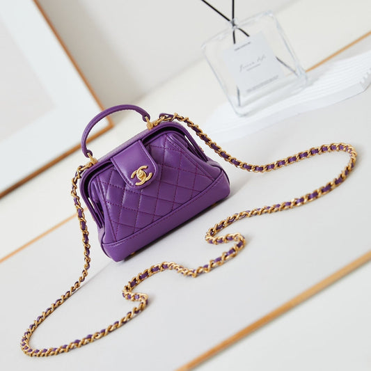 Mini poignée supérieure CC 24A 13 cm en cuir ciré violet, accessoires dorés 238457