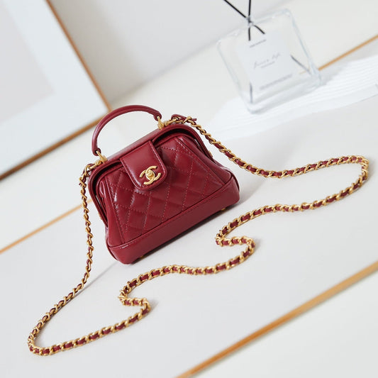 Mini poignée supérieure CC 24A 13 cm en cuir ciré rouge, accessoires dorés 238461