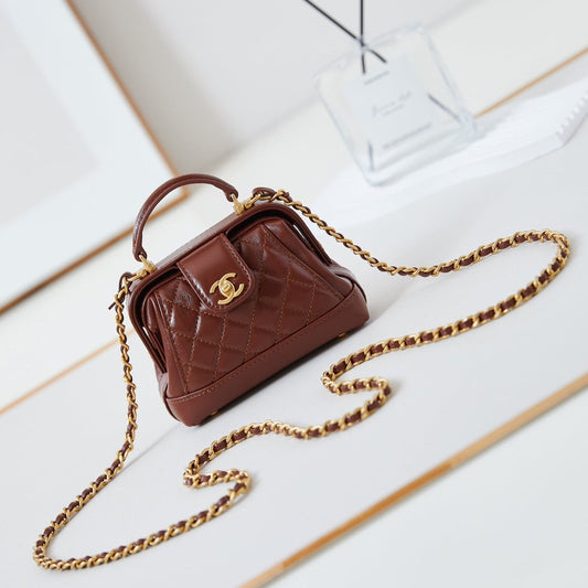 Mini poignée supérieure CC 24A 13 cm en cuir ciré marron, accessoires dorés 238463
