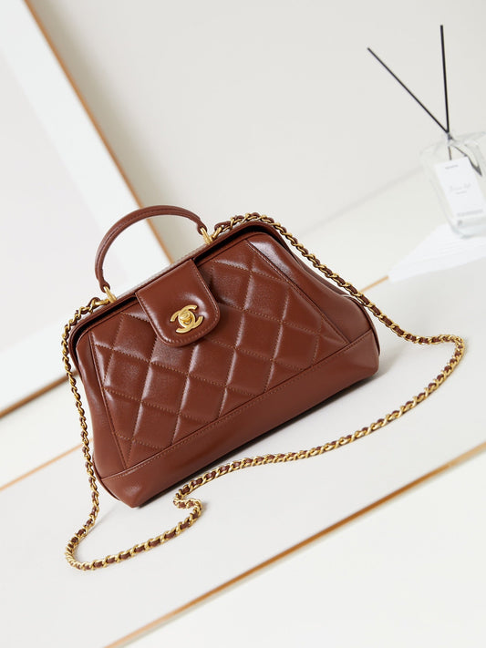 Poignée supérieure CC 24A 23,5 cm en cuir ciré marron, accessoires dorés 238471