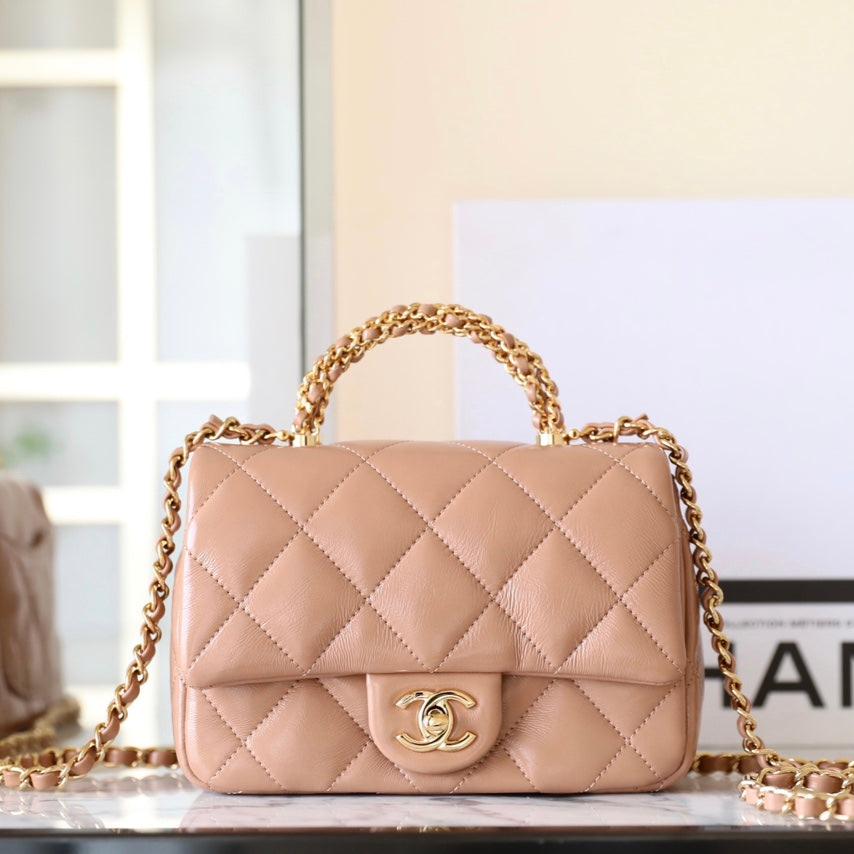 24b mini sac à rabat 19 cm poignée supérieure en cuir d'agneau beige