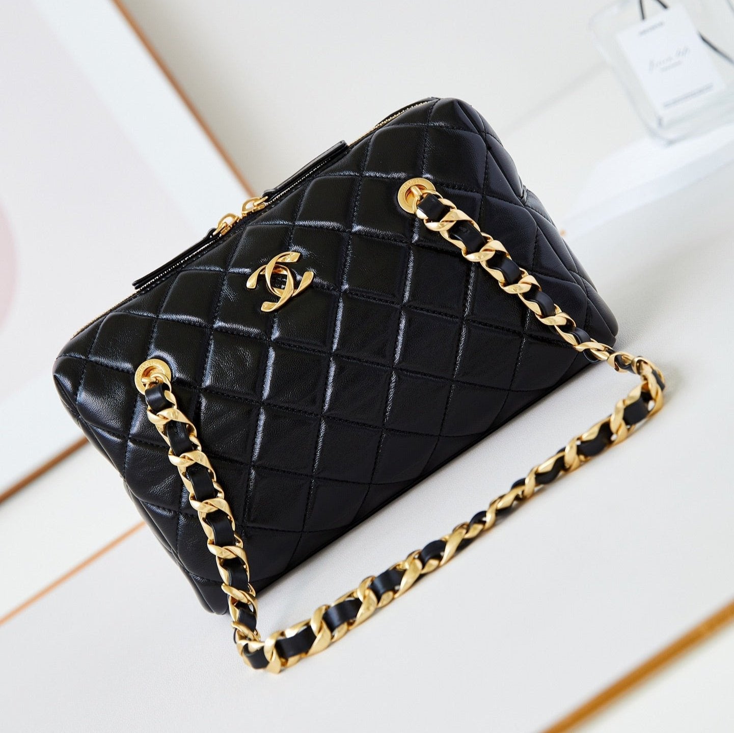 Sac bowling CC 24K 25 cm en cuir d'agneau ciré noir