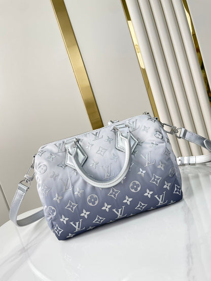 SAC À BANDOULIÈRE SPEEDY 25 PO EN NYLON MONOGRAMME ARGENT DÉGRADÉ, QUINCAILLERIE ARGENTÉE