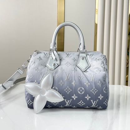 SAC À BANDOULIÈRE SPEEDY 25 PO EN NYLON MONOGRAMME ARGENT DÉGRADÉ, QUINCAILLERIE ARGENTÉE