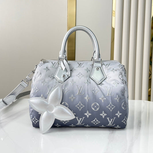SAC À BANDOULIÈRE SPEEDY 25 PO EN NYLON MONOGRAMME ARGENT DÉGRADÉ, QUINCAILLERIE ARGENTÉE