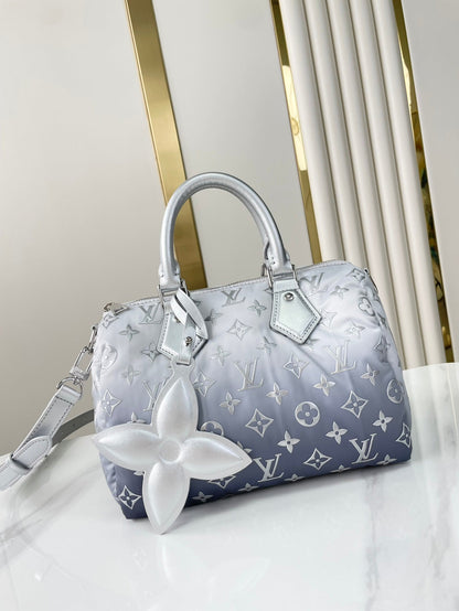 SAC À BANDOULIÈRE SPEEDY 25 PO EN NYLON MONOGRAMME ARGENT DÉGRADÉ, QUINCAILLERIE ARGENTÉE