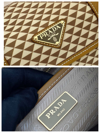 SAC MESSAGER 25 EN TISSU BRODÉ À MOTIF TRIANGLE MARRON MIX CRÈME