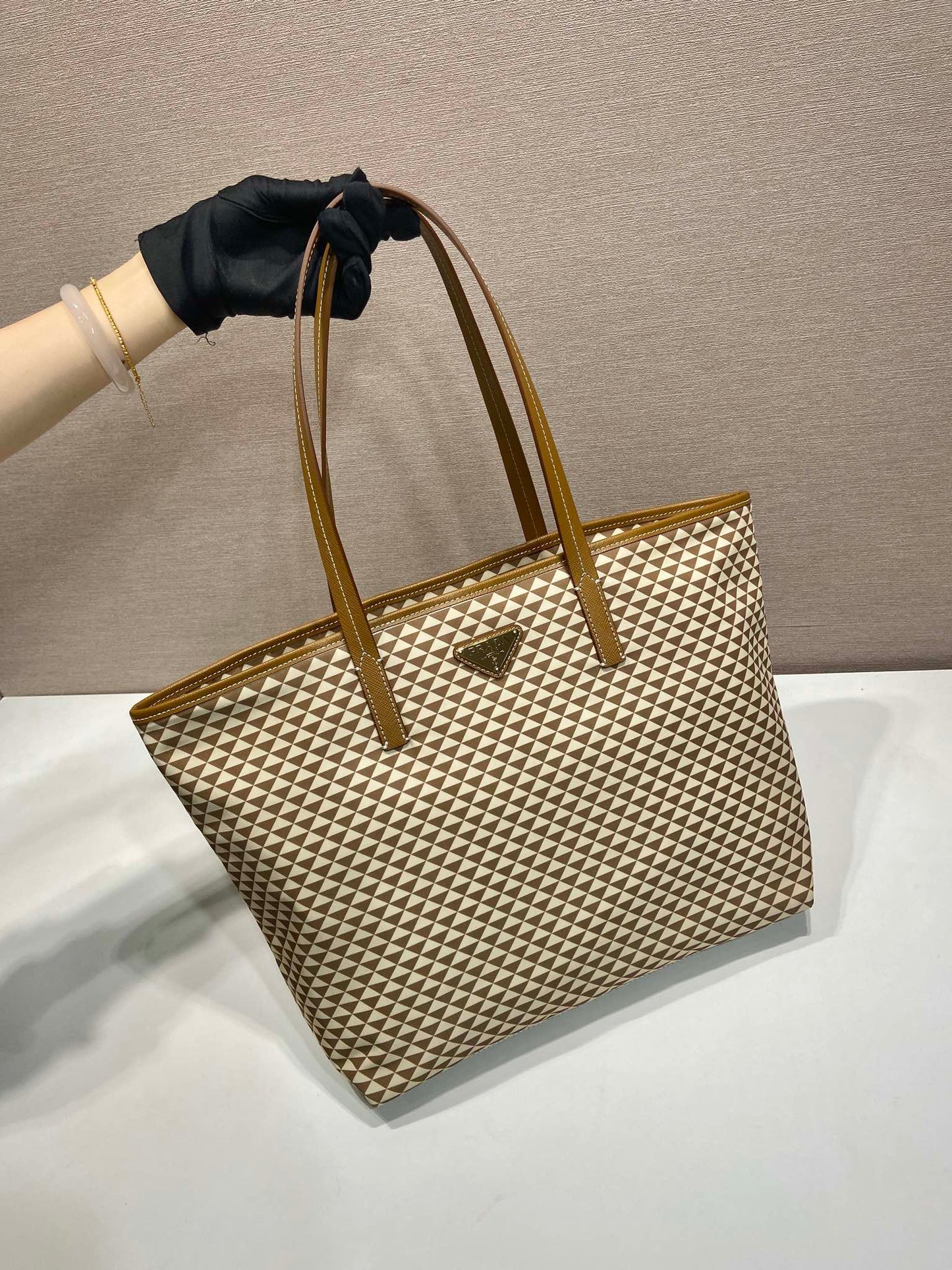 トートバッグ 33 ブラウンミックスクリーム トライアングル柄 刺繍生地