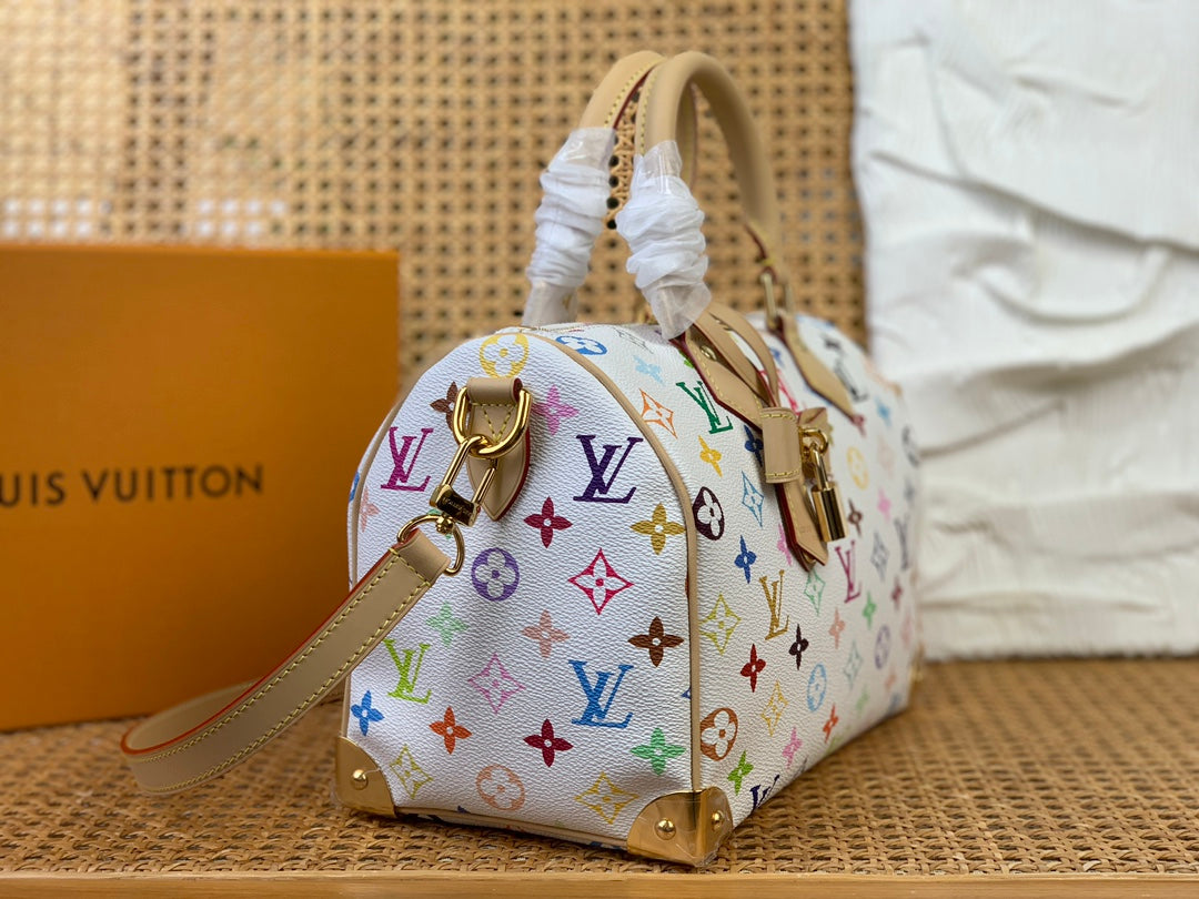 Sac bandoulière LV x TM Speedy 25 cm en toile monogrammée blanche et multicolore