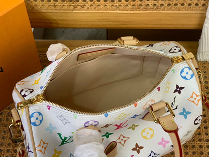 Sac bandoulière LV x TM Speedy 25 cm en toile monogrammée blanche et multicolore